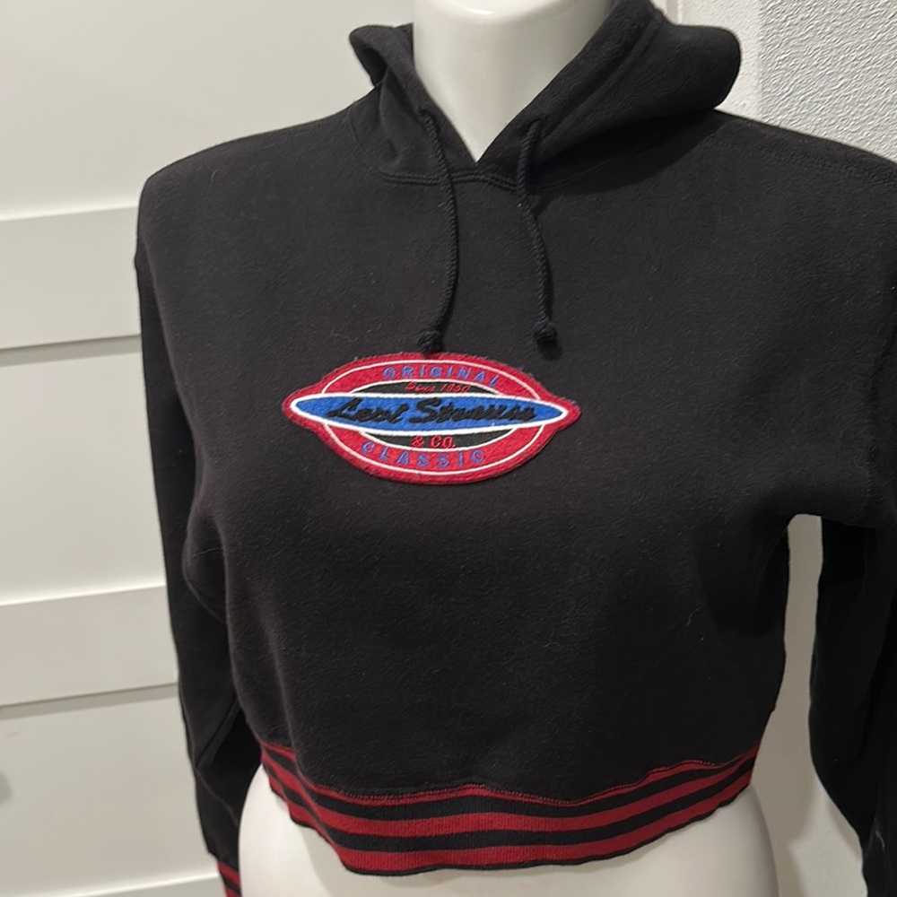 Levi's Cropped Hoodie in Black with Red & Blue Accents